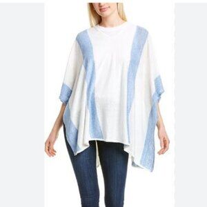 J. McLaughlin Linen Poncho Blue Stripe Cover Up Coastal Beach Resort One Size